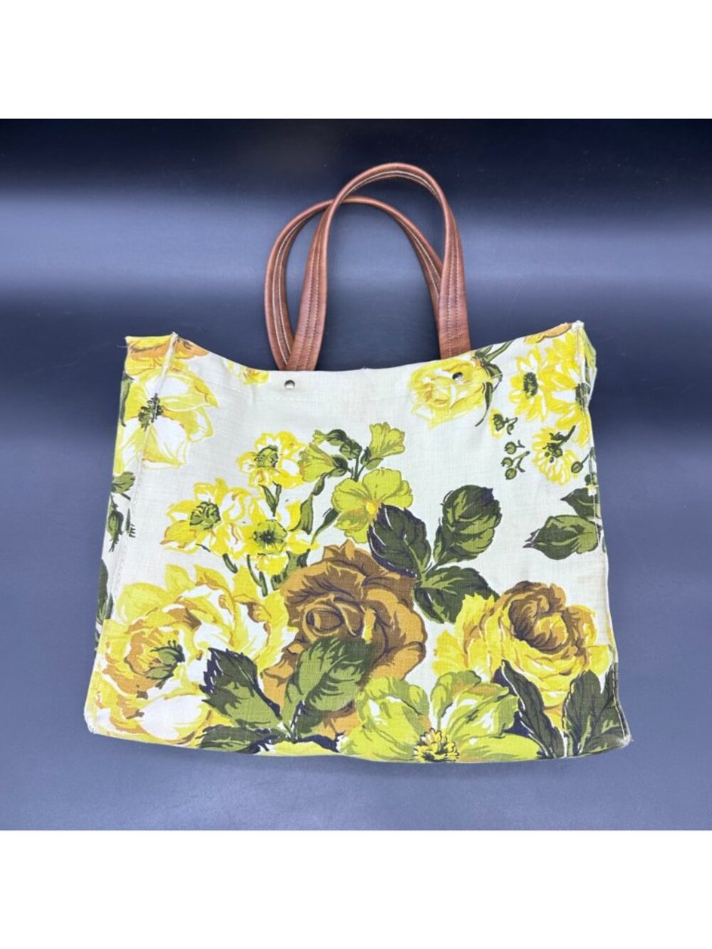 Vintage Floral Canvas Tote Bag Top Handle Purse Handbag Yellow Rose Mid Century - Picture 3 of 12